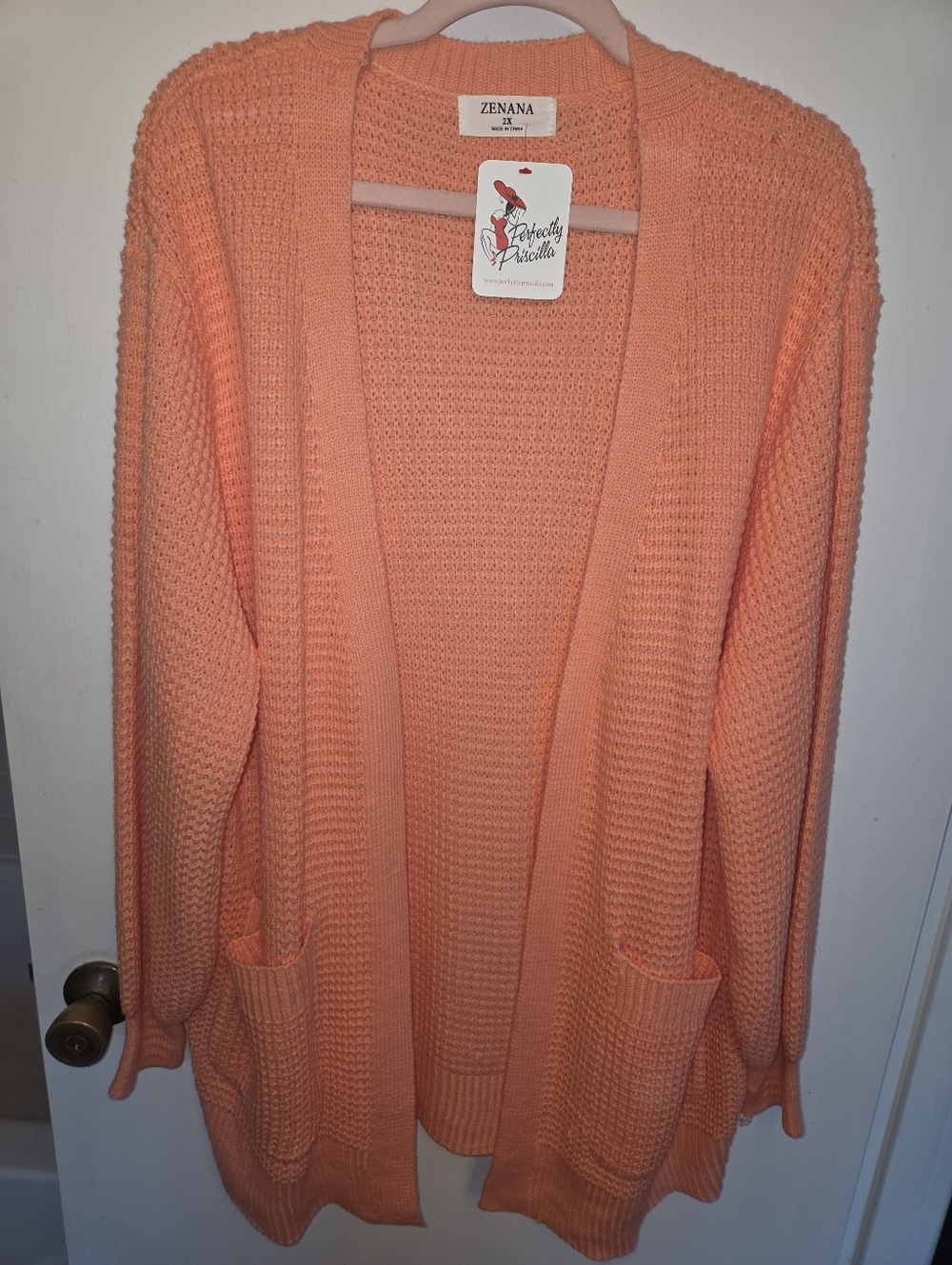 Zenana Outfitters Coral Peach Open-Front Knit Cardigan